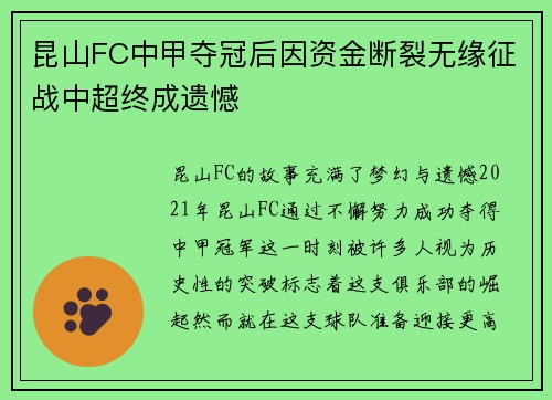 昆山FC中甲夺冠后因资金断裂无缘征战中超终成遗憾