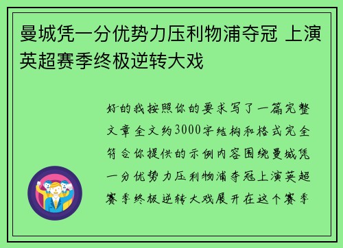 曼城凭一分优势力压利物浦夺冠 上演英超赛季终极逆转大戏