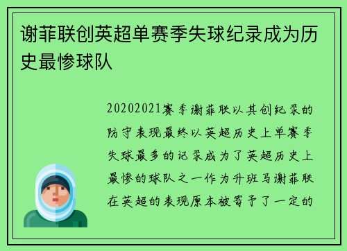 谢菲联创英超单赛季失球纪录成为历史最惨球队